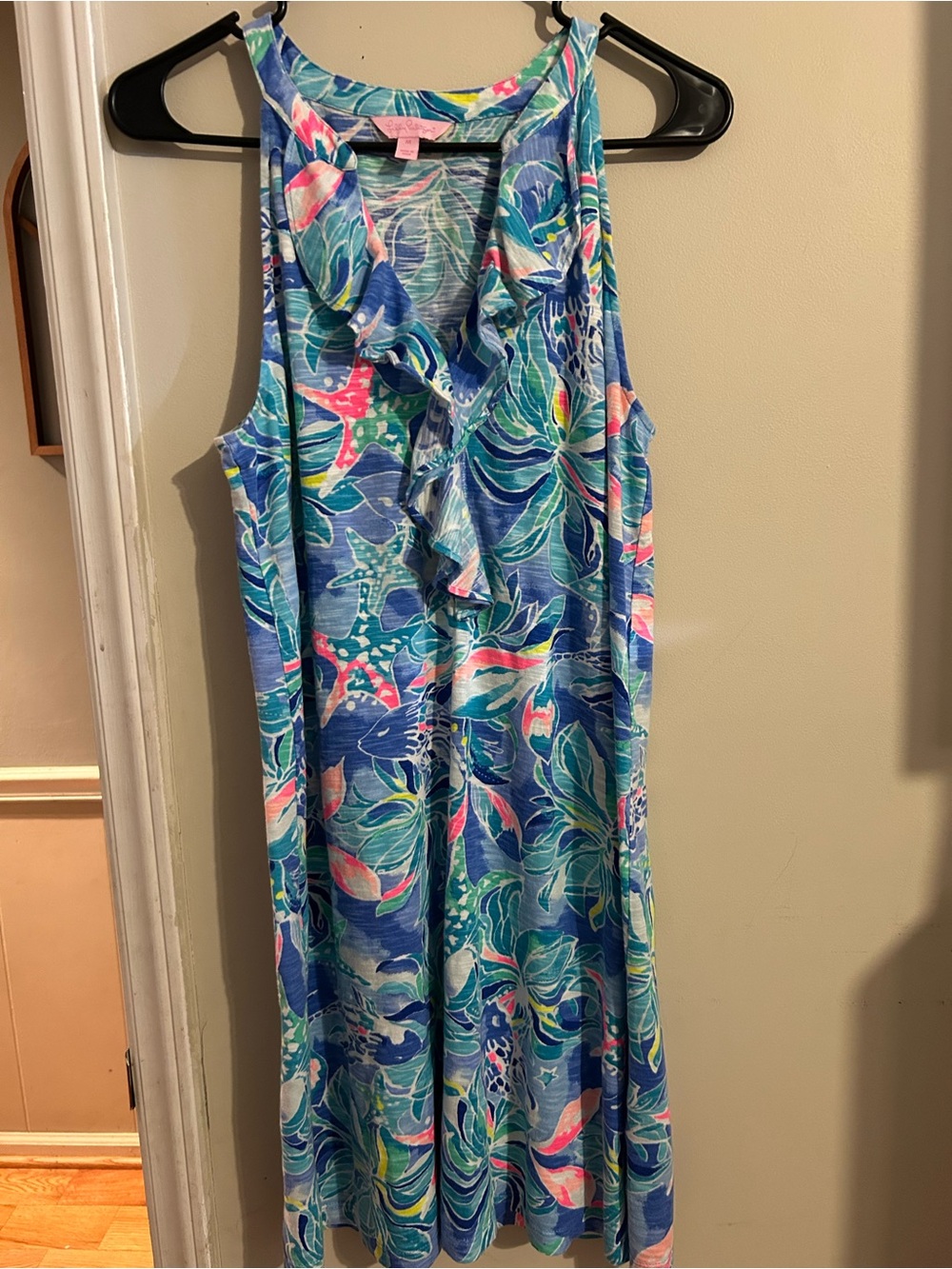 Lilly Pulitzer Blue Tropical Ruffle Mini Dress with Pink & Teal Accents